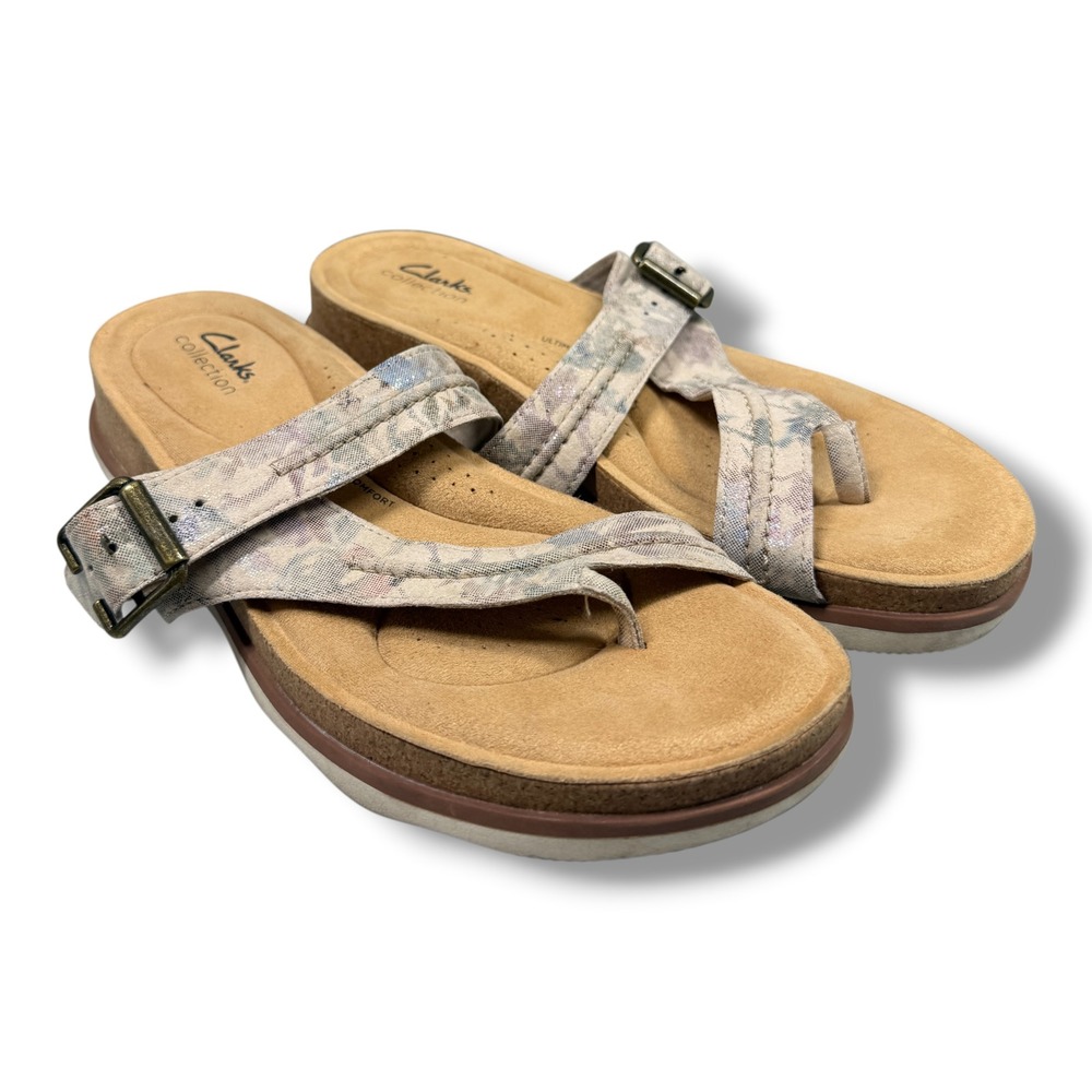Clarks Collection Brinkley Flora Floral Metallic Comfort Sandals Womens 10 M